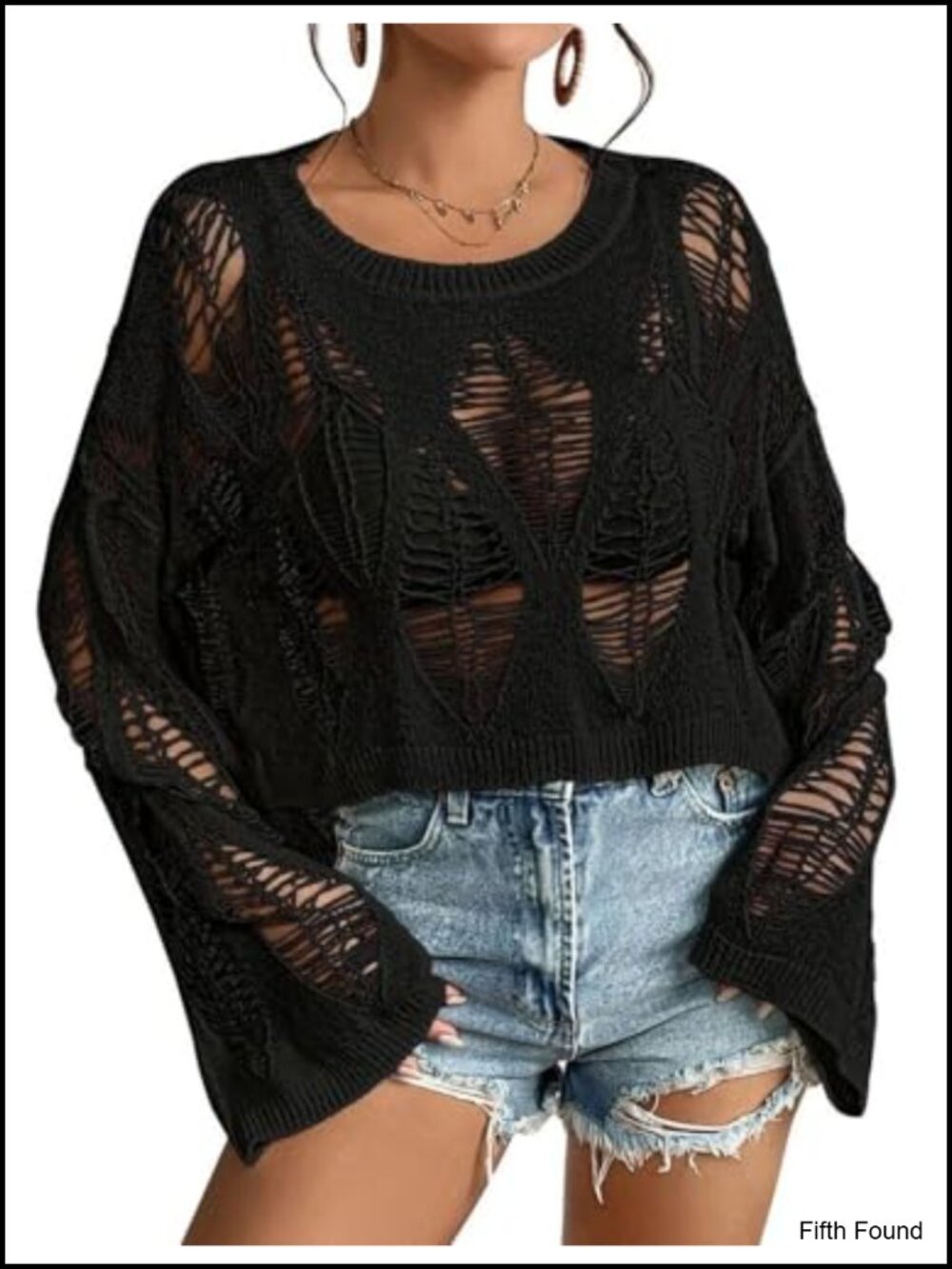 Oversized Punk Goth Sweater Long Bell Sleeve Knit Crop Top
